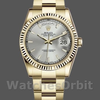 Unisex's Rolex Day-Date 36mm Unisex-118238-Yellow Gold-Silver Dial-Fluted Bezel Silver