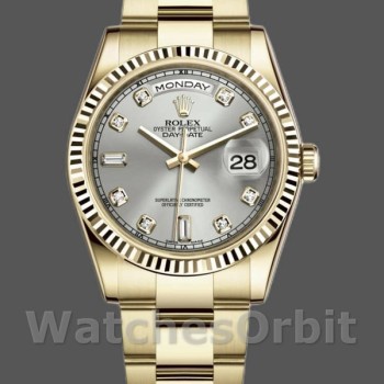 Unisex's Rolex Day-Date 36mm Unisex-118238-Yellow Gold-Silver Diamond Dial Silver