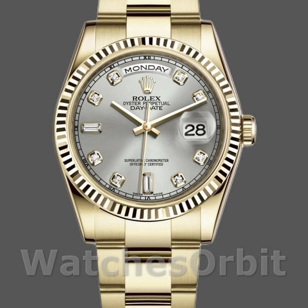 Unisexs Rolex Day-Date 36mm Unisex-118238-Yellow Gold-Silver Diamond Dial Silver Replica Image
