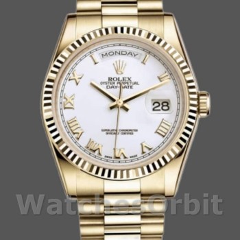 Unisex's Rolex Day-Date 36mm Unisex-118238-Yellow Gold-White Dial-Fluted Bezel White<br />