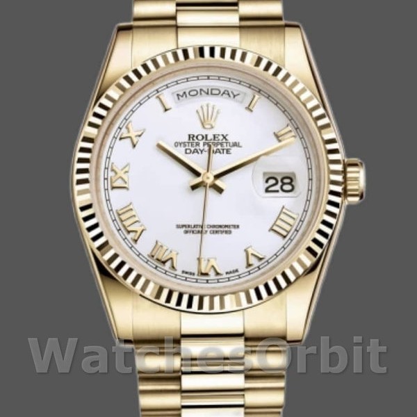 Unisexs Rolex Day-Date 36mm Unisex-118238-Yellow Gold-White Dial-Fluted Bezel White<br /> Replica Image