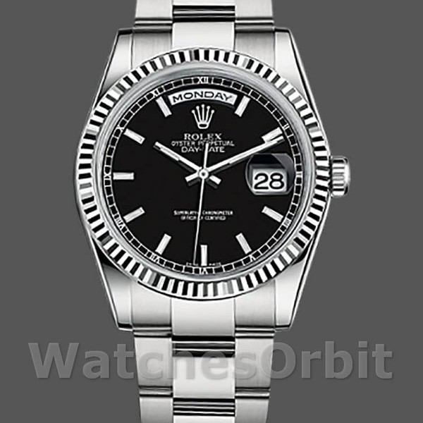Unisexs Rolex Day-Date 36mm Unisex-118239-Black Dial-Fluted Bezel Black Replica Image