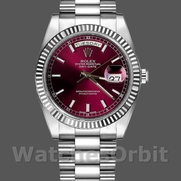 Womens Rolex Day-Date 36mm Womens-118239-Cherry Red Dial-Fluted Bezel Cherry Replica Image