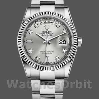 Unisex's Rolex Day-Date 36mm Unisex-118239-Silver Diamond Dial-Fluted Bezel Silver