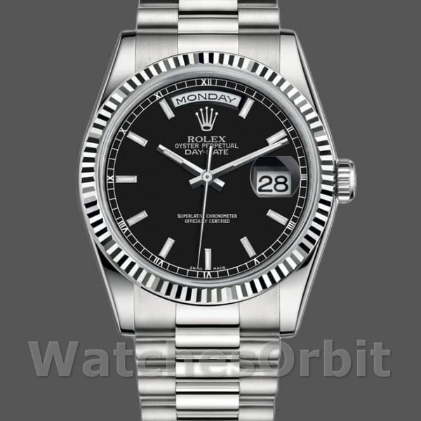 Unisexs Rolex Day-Date 36mm Unisex-118239-White Gold-Black Dial-Fluted Bezel Black Replica Image