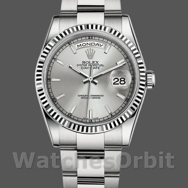 Unisexs Rolex Day-Date 36mm Unisex-118239-White Gold-Silver Dial Silver Replica Image
