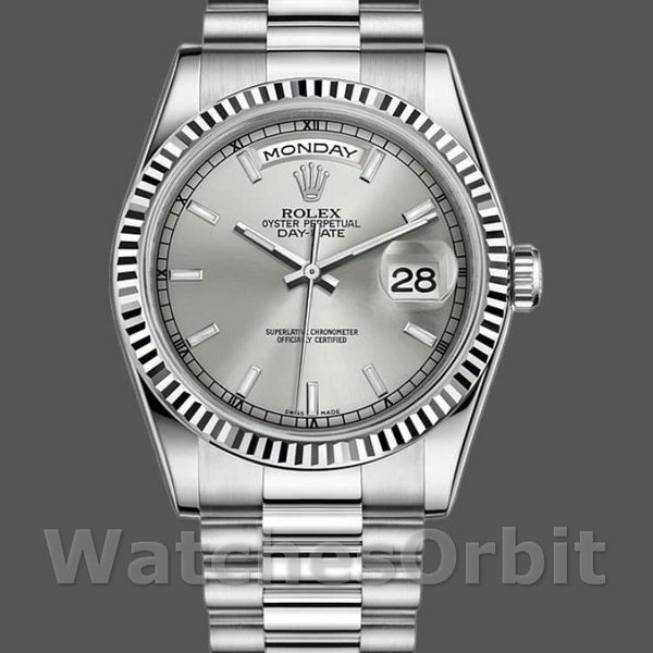 Unisexs Rolex Day-Date 36mm Unisex-118239-White Gold-Silver Dial-Fluted Bezel Silver Replica Image