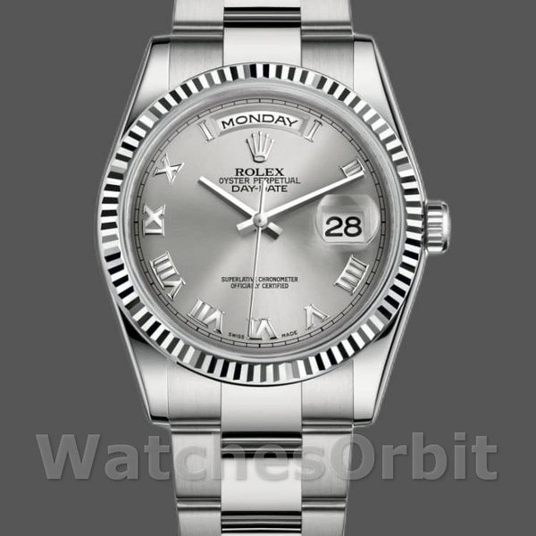 Unisexs Rolex Day-Date 36mm Unisex-118239-White Gold-Silver Roman Numeral Dial Silver Replica Image