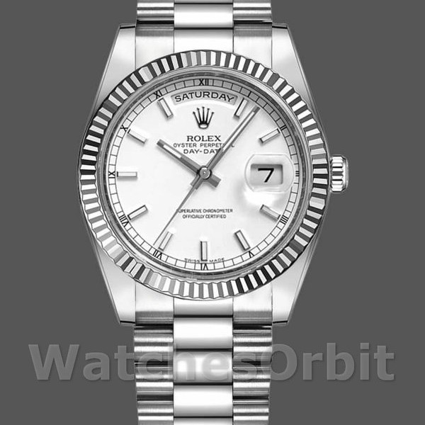 Unisexs Rolex Day-Date 36mm Unisex-118239-White Gold-White Dial-Fluted Bezel White Replica Image