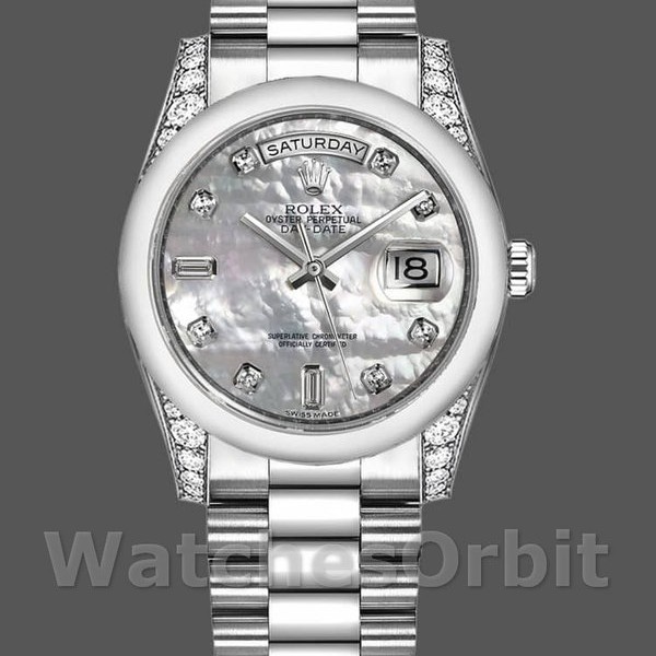 Unisexs Rolex Day-Date 36mm Unisex-118296-Platinum-MOP White Dial-Diamond MOP Replica Image