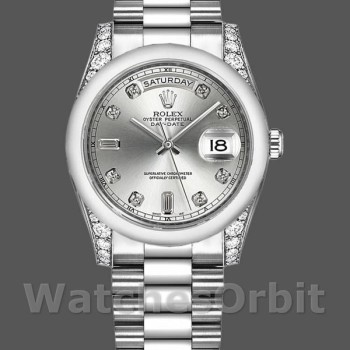 Unisex's Rolex Day-Date 36mm Unisex-118296-Platinum-Silver Dial-Diamond Silver