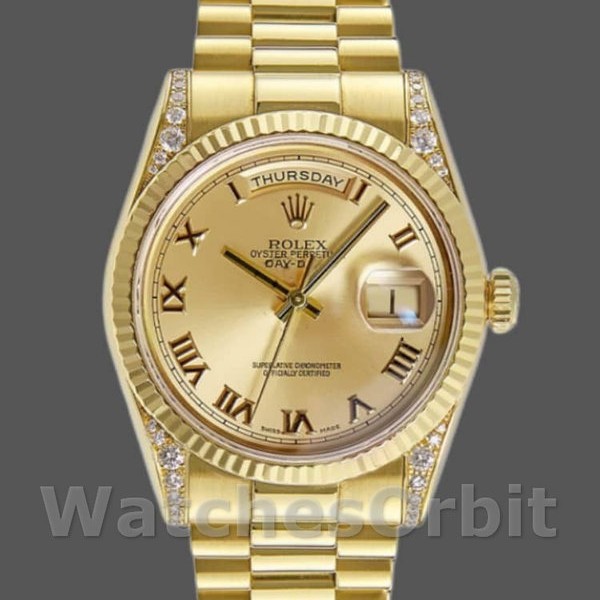 Unisexs Rolex Day-Date 36mm Unisex-118338-Champagne Roman Dial-Diamond Bezel Champagne Replica Image