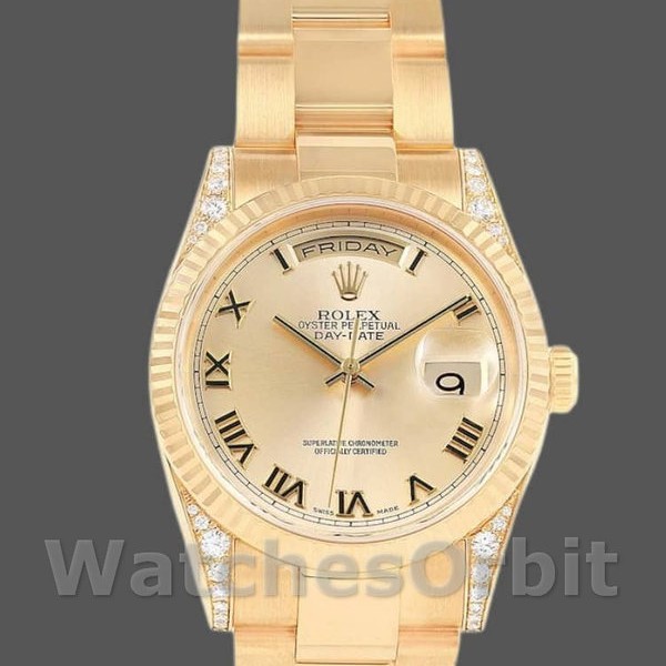 Unisexs Rolex Day-Date 36mm Unisex-118338-Yellow Gold-Champagne Dial-Roman Numerals Champagne Replica Image