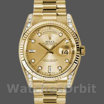 Unisex's Rolex Day-Date 36mm Unisex-118338-Yellow Gold-Champagne Diamonds Dial Champagne