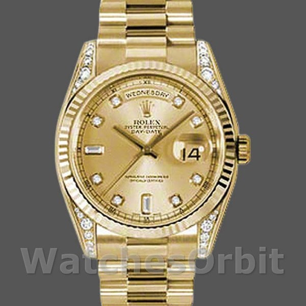 Unisexs Rolex Day-Date 36mm Unisex-118338-Yellow Gold-Champagne Diamonds Dial Champagne Replica Image