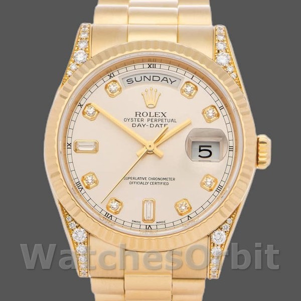 Unisexs Rolex Day-Date 36mm Unisex-118338-Yellow Gold-Silver Dial Silver Replica Image