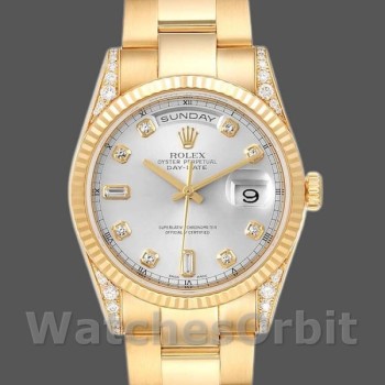 Unisex's Rolex Day-Date 36mm Unisex-118338-Yellow Gold-Silver Diamond Dial Silver