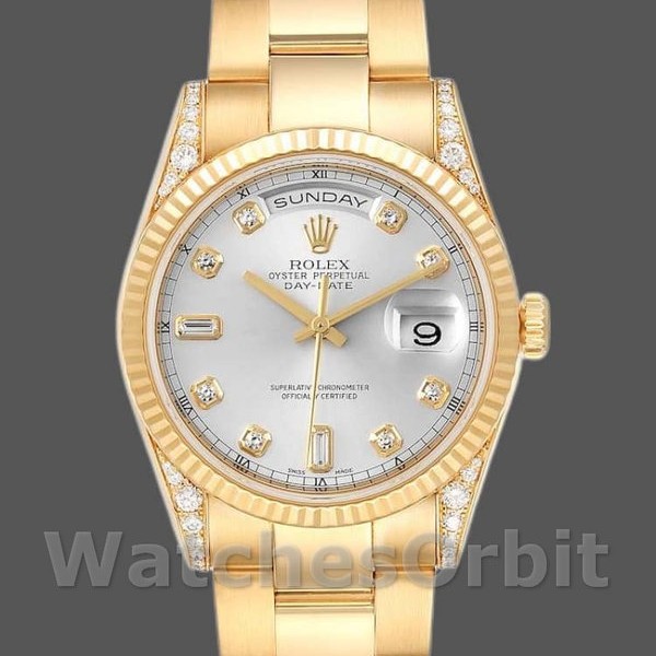 Unisexs Rolex Day-Date 36mm Unisex-118338-Yellow Gold-Silver Diamond Dial Silver Replica Image