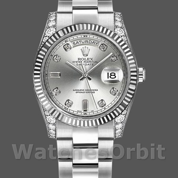 Unisexs Rolex Day-Date 36mm Unisex-118339-Silver Dial-Fluted Bezel Silver Replica Image
