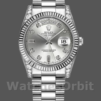 Unisex's Rolex Day-Date 36mm Unisex-118339-White Gold-Silver Dial-Fluted Bezel Silver