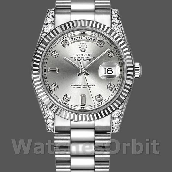 Unisexs Rolex Day-Date 36mm Unisex-118339-White Gold-Silver Dial-Fluted Bezel Silver Replica Image
