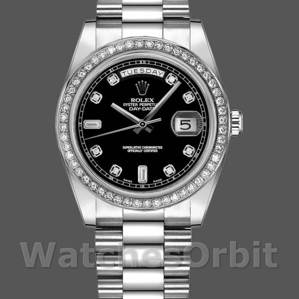 Unisexs Rolex Day-Date 36mm Unisex-118346-Black Diamonds Dial Black Replica Image