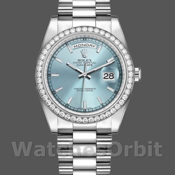 Unisexs Rolex Day-Date 36mm Unisex-118346-Ice Blue Dial-Diamond Ice Blue Replica Image