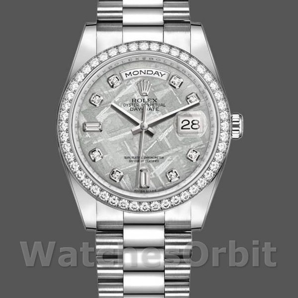 Unisexs Rolex Day-Date 36mm Unisex-118346-Platinum-Diamond Bezel-Meteorite Dial Meteorite<br /> Replica Image