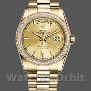 Unisex's Rolex Day-Date 36mm Unisex-118348-Champagne Index Dial-Yellow Gold Champagne