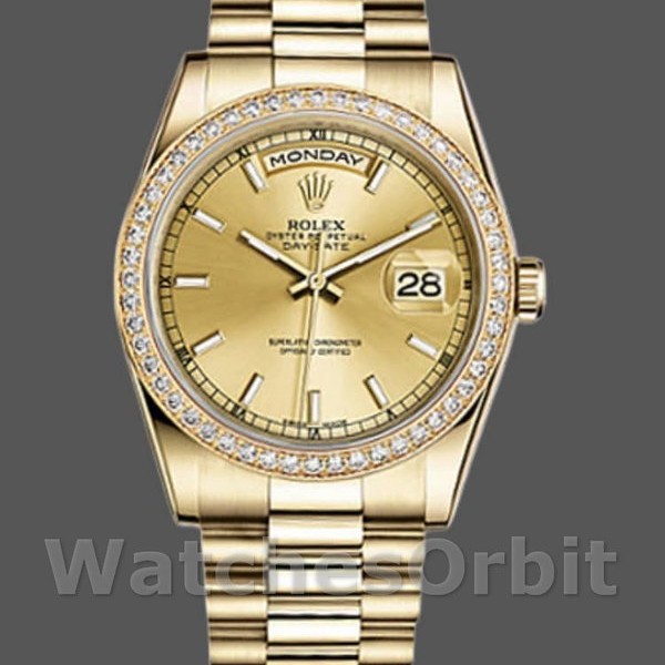 Unisexs Rolex Day-Date 36mm Unisex-118348-Champagne Index Dial-Yellow Gold Champagne Replica Image