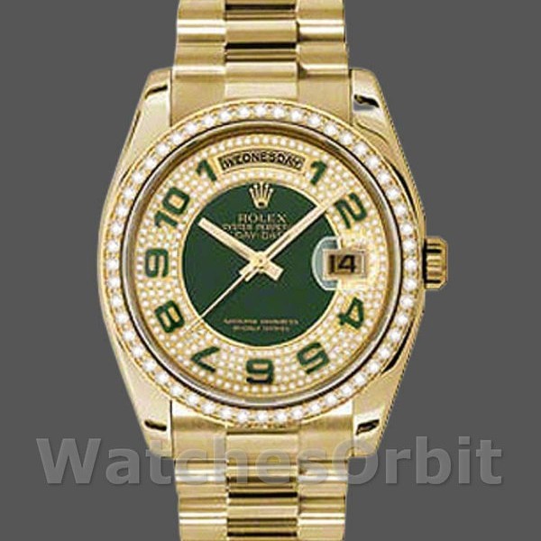 Unisexs Rolex Day-Date 36mm Unisex-118348-Green Diamond Dial-Yellow Gold Green Replica Image