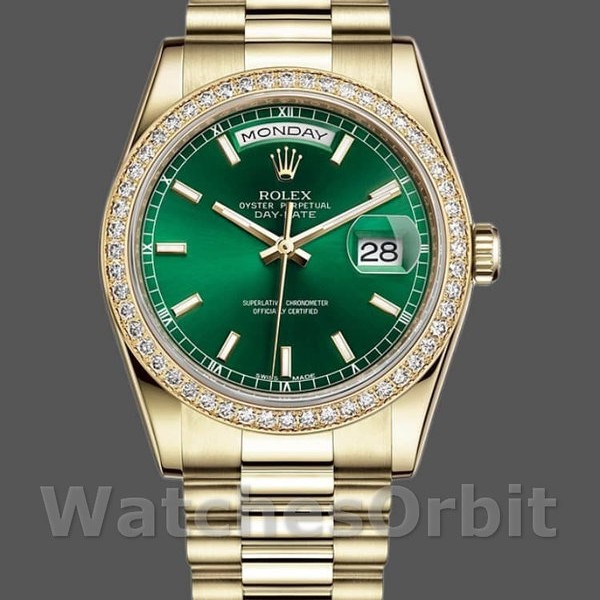 Unisexs Rolex Day-Date 36mm Unisex-118348-Green Index Dial-Yellow Gold Green Replica Image