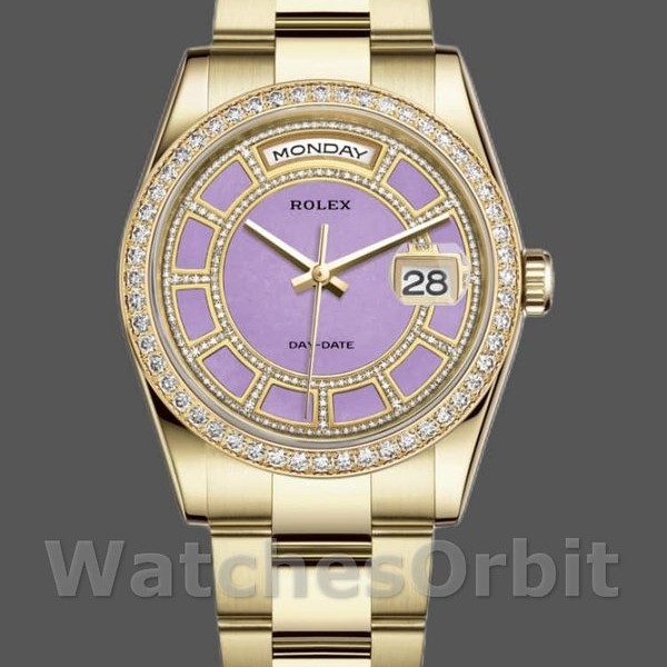 Unisexs Rolex Day-Date 36mm Unisex-118348-Lavender Jade Carousel Dial-Yellow Gold Lavender<br /> Replica Image