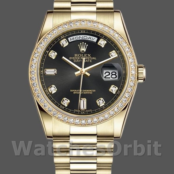 Unisexs Rolex Day-Date 36mm Unisex-118348-Yellow Gold-Black Diamond Dial Black<br /> Replica Image