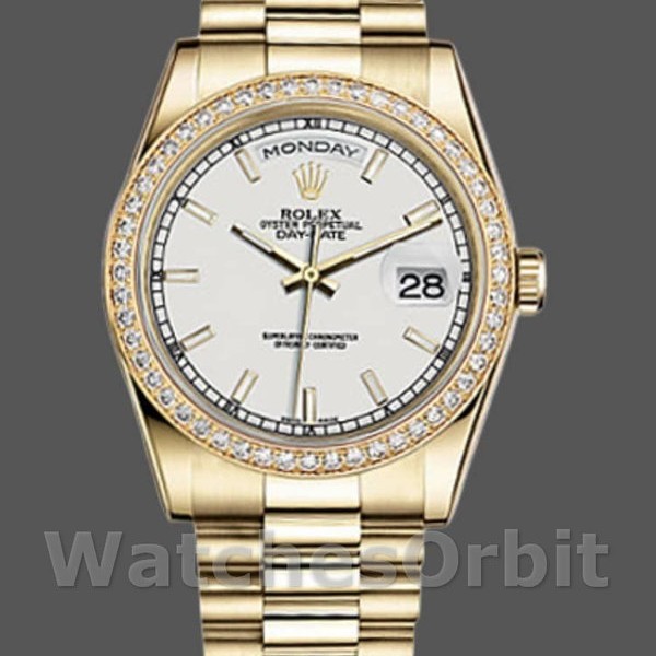 Unisexs Rolex Day-Date 36mm Unisex-118348-Yellow Gold-White Dial White<br /> Replica Image