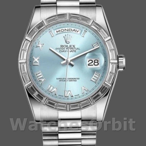 Unisexs Rolex Day-Date 36mm Unisex-118366-Ice Blue Dial-Diamond Bezel Ice Blue Replica Image