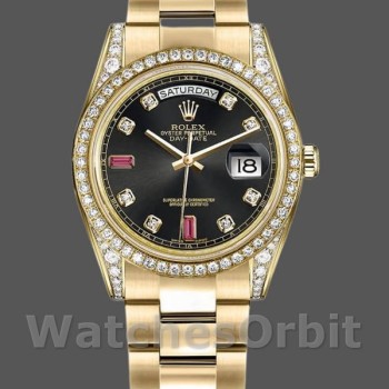 Unisex's Rolex Day-Date 36mm Unisex-118388-Black Diamond-Rubies Dial Black