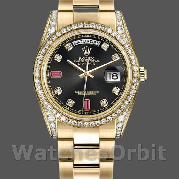 Unisexs Rolex Day-Date 36mm Unisex-118388-Black Diamond-Rubies Dial Black Replica Image