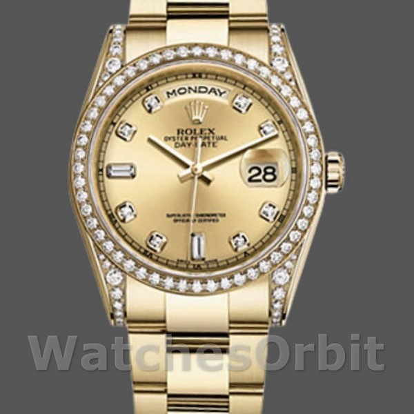 Unisexs Rolex Day-Date 36mm Unisex-118388-Diamond Bezel-Champagne Dial Champagne Replica Image