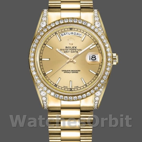Unisexs Rolex Day-Date 36mm Unisex-118388-Diamond Bezel-Champagne Index Dial Champagne Replica Image