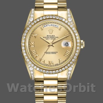 Unisex's Rolex Day-Date 36mm Unisex-118388-Diamond Bezel-Champagne Roman Numeral Dial Champagne