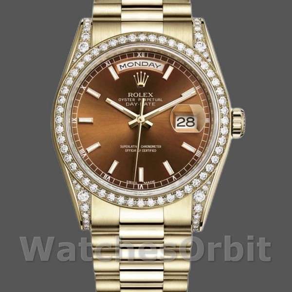 Unisexs Rolex Day-Date 36mm Unisex-118388-Diamond Bezel-Chocolate Brown Dial Chocolate Brown&nbsp;<br /> Replica Image