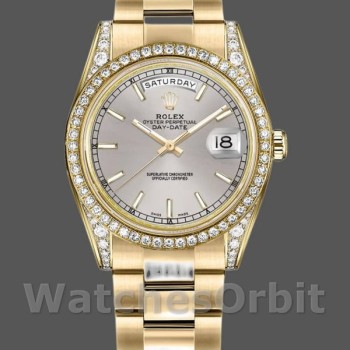 Unisex's Rolex Day-Date 36mm Unisex-118388-Diamond Bezel-Silver Index Dial Silver