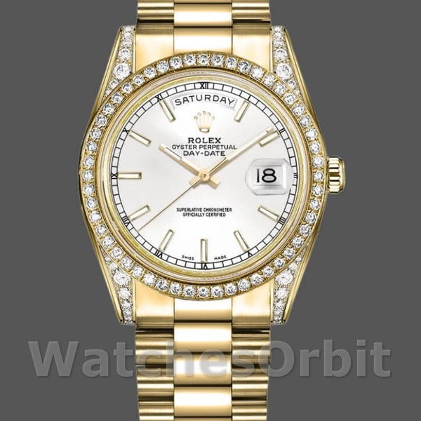Unisexs Rolex Day-Date 36mm Unisex-118388-Diamond Bezel-White Dial White<br /> Replica Image