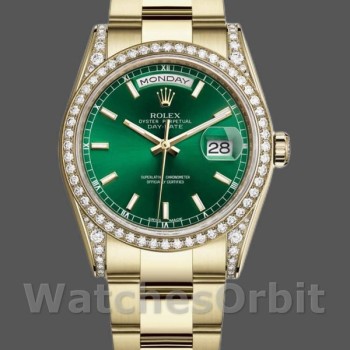 Unisex's Rolex Day-Date 36mm Unisex-118388-Diamond Dezel-Green Index Dial Green