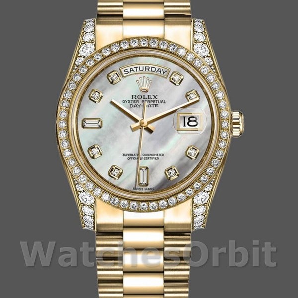Unisexs Rolex Day-Date 36mm Unisex-118388-White Mother-Of-Pearl-Diamond Dial MOP Replica Image