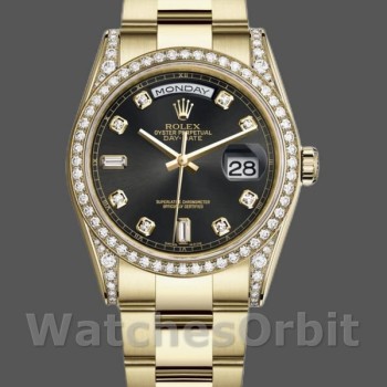 Unisex's Rolex Day-Date 36mm Unisex-118388-Yellow Gold-Black Diamond Dial Black