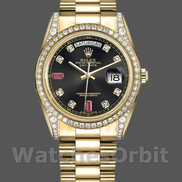 Unisexs Rolex Day-Date 36mm Unisex-118388-Yellow Gold-Black Diamond Rubies Dial Black Replica Image