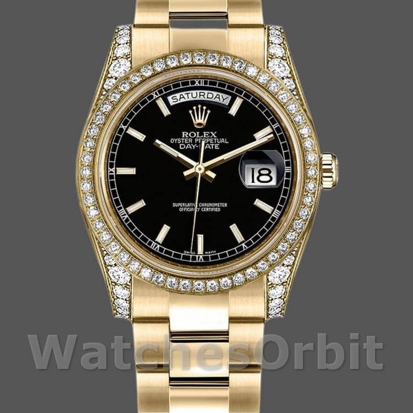 Unisexs Rolex Day-Date 36mm Unisex-118388-Yellow Gold-Black Index Dial Black Replica Image