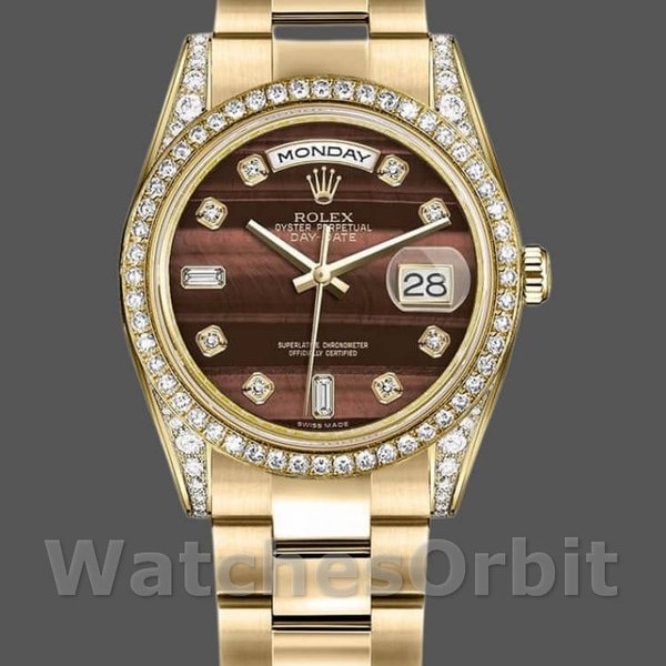 Unisexs Rolex Day-Date 36mm Unisex-118388-Yellow Gold-Bulls Eye Brown Dial Brown<br /> Replica Image